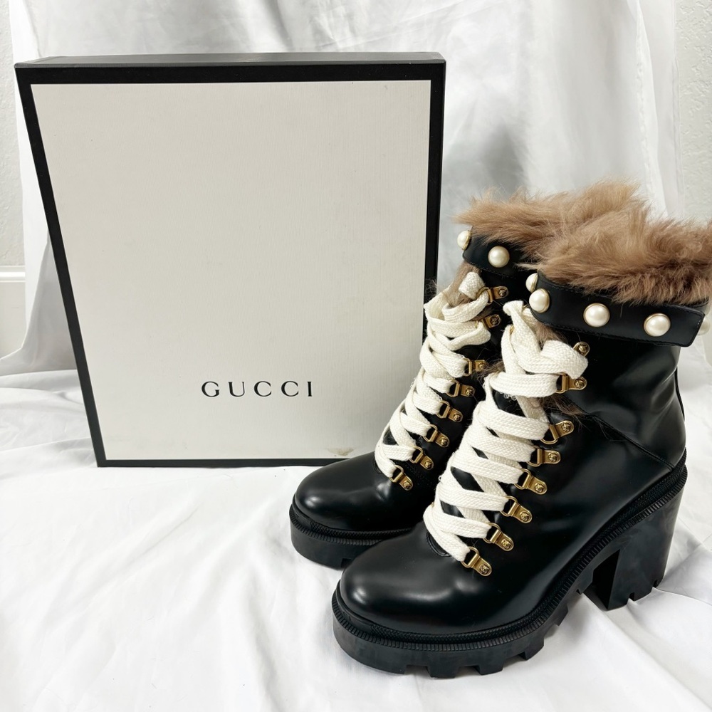 Gucci Magnum Glasgow Lace Up Fur Pearl Boots Black EU 40 Designer Winter